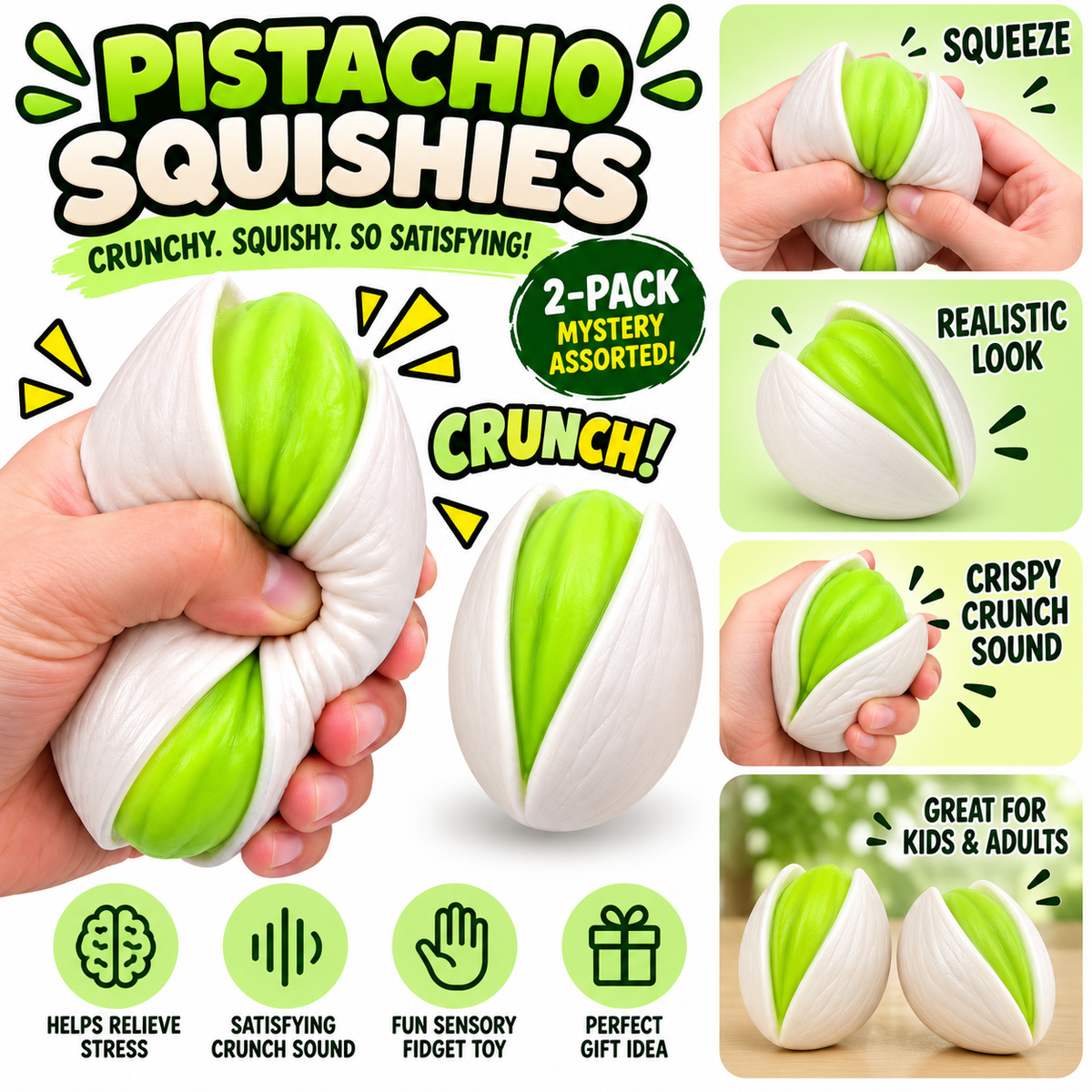 Crunchy Squishies Pistachio Squeeze Toy 2-Pack – Crispy Crunch Sound Stress Balls | ASMR Sensory Fidget Toys for Adults & Kids | Jumbo Realistic Pistachio Squishies