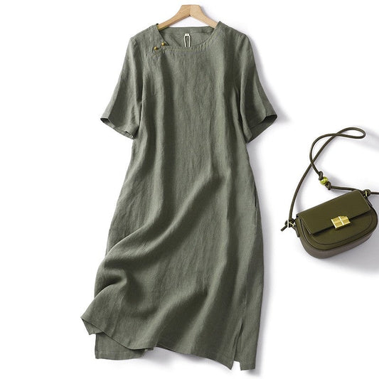 Solid Color Crewneck Short Sleeve Retro Dress