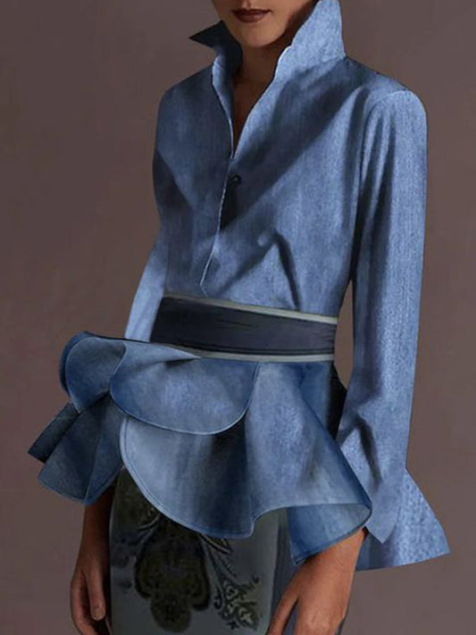 Ruffled Stand Collar Blouse with Belted Buttoned Detail - Long Sleeve Top