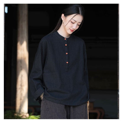 Stand-Up Collar Solid Color Button-Up Sweater