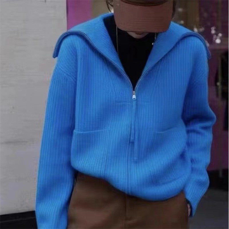 Solid Color Long Sleeve Hooded Pockets Zipper Cardigan Sweater