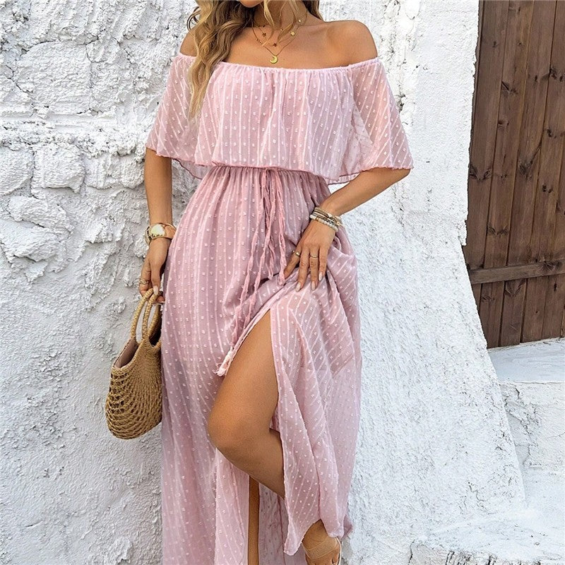 Chic Off-Shoulder Slit Dress in Solid Color