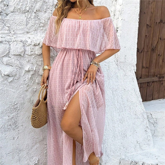 Chic Off-Shoulder Slit Dress in Solid Color