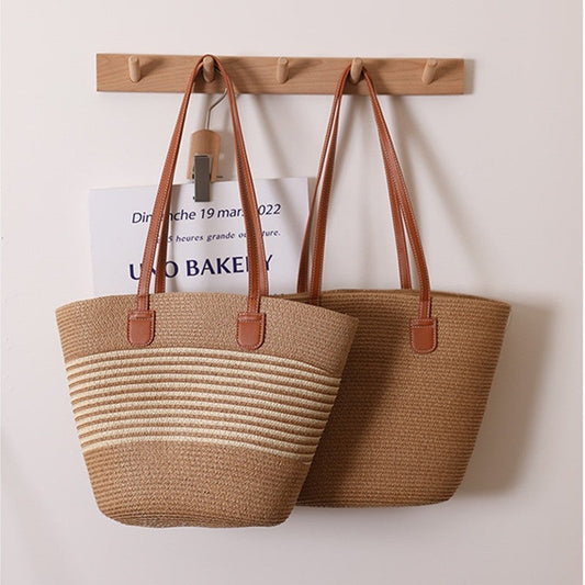 Grass Striped Woven Tote with Ample Storage