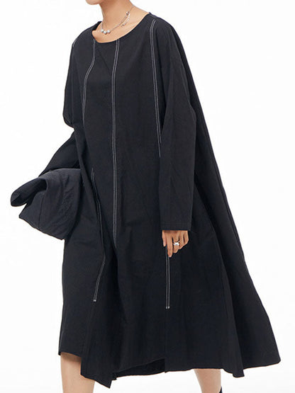 Irregular Clipping Long Sleeves Split-Joint Round-Neck Midi Dresses