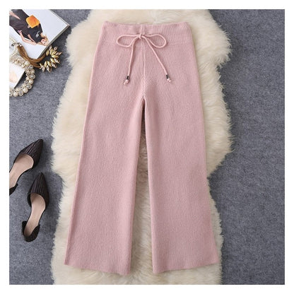 Solid Color Jacquard Long Sleeve Top And Pants Knit Set