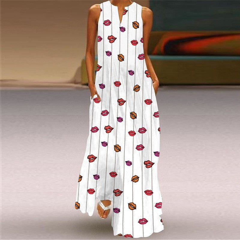 Sleeveless Printed V-Neck Casual Dress