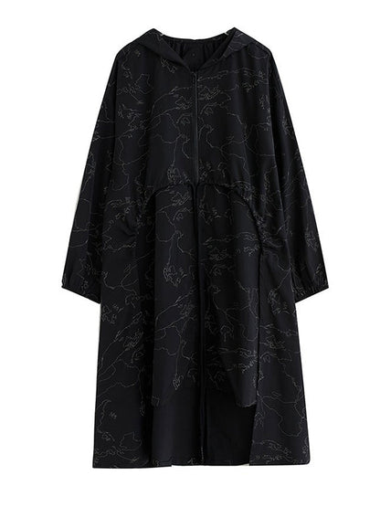 Vintage Irregularity Loose Drawstring Printed Zipper Hooded Trench Coats