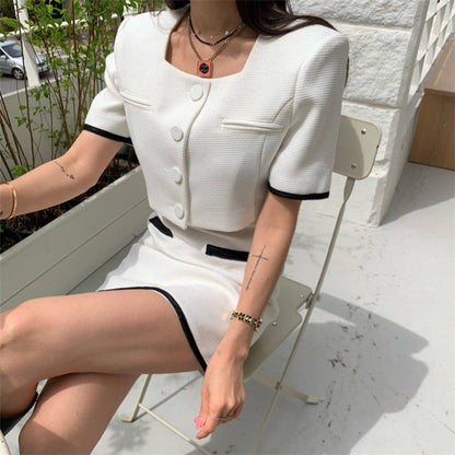 Stylish Ensemble featuring Color-Blocked Jacket and A-Line Skirt