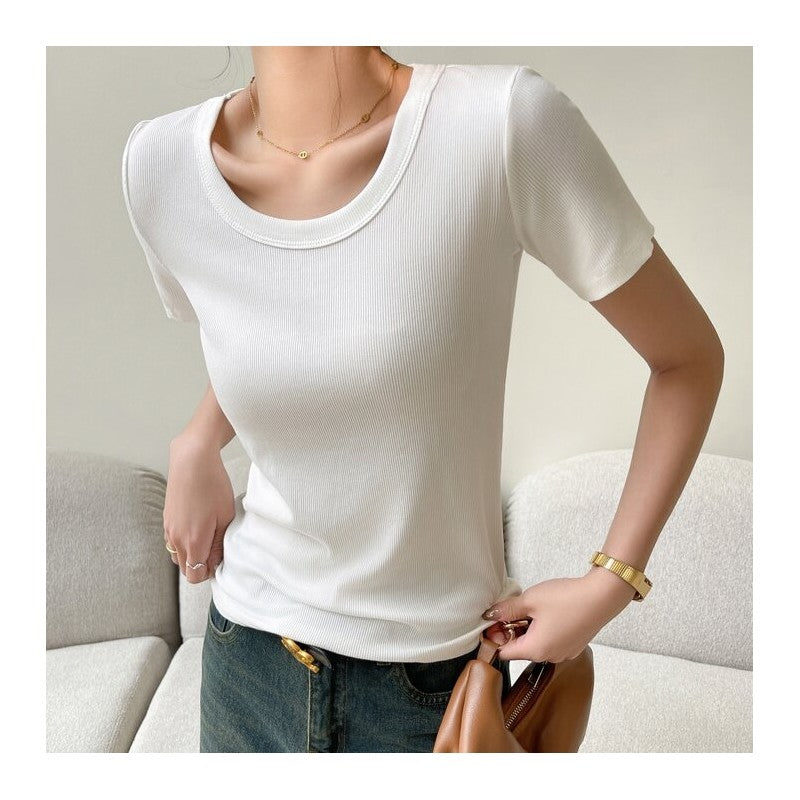 Ribbed Round Neck Short Sleeve T-Shirt