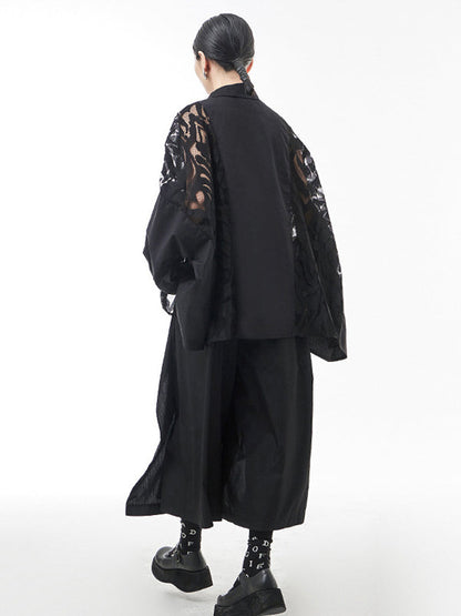 Urban See-Through Lace Split-Joint Lapel Blouse