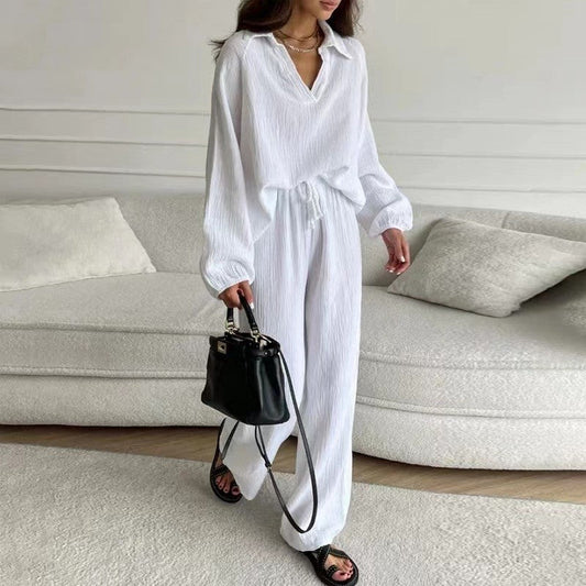 Solid Color Long Sleeve Lapel Blouse and Pants Set