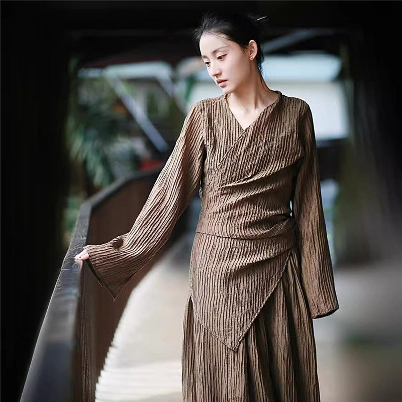 Solid Color Double-Layer Strap Shirt and Skirt Ensemble