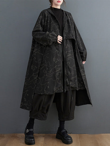 Vintage Irregularity Loose Drawstring Printed Zipper Hooded Trench Coats