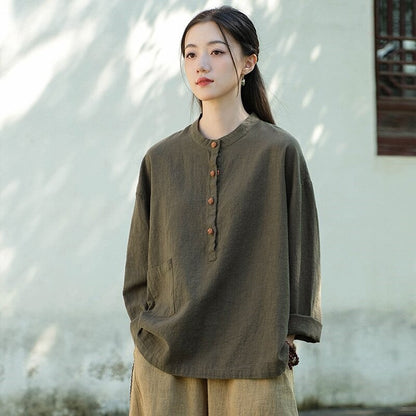 Solid Color Stand Collar Button-Up Long Sleeve Shirt