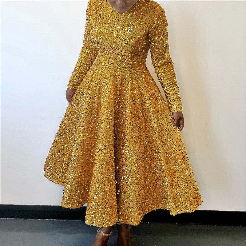 Sequin Embellished Long Sleeve High Waist Formal Dress