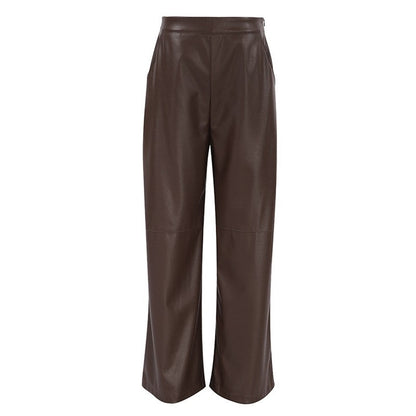 High Waisted Solid Color Straight Leg Faux Leather Pants