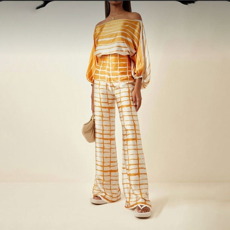 Printed Batwing Sleeve Top with Wide Leg Pants Set