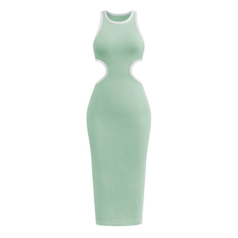 Crewneck Sleeveless Waist Hollow Ribbed Slim Maxi Dress