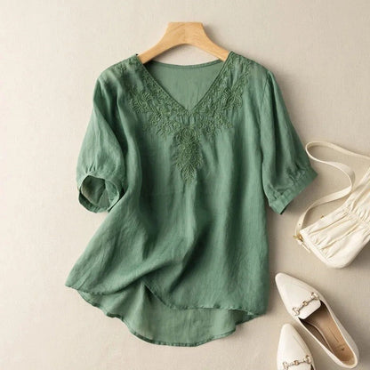 Breathable Loose Fit V-Neck Embroidered T-Shirt
