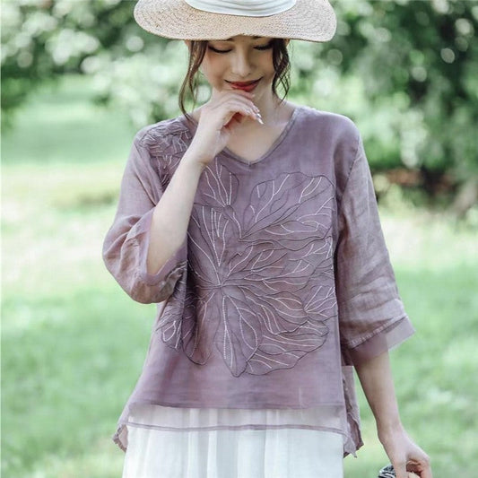 Stylish V-Neck Double Layer Embroidered Loose Blouse