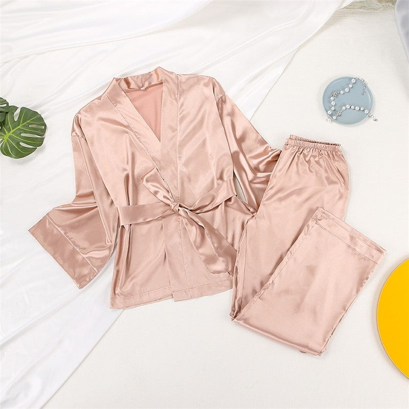 Solid Color Satin Tie Pajama Set
