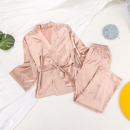 Solid Color Satin Tie Pajama Set