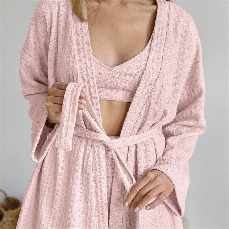 Knitted Bralette, Waist-Tied Cardigan, and Shorts Set - Solid Color Loungewear
