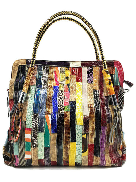 Split-Joint Striped Shoulder Sling Leather Bag