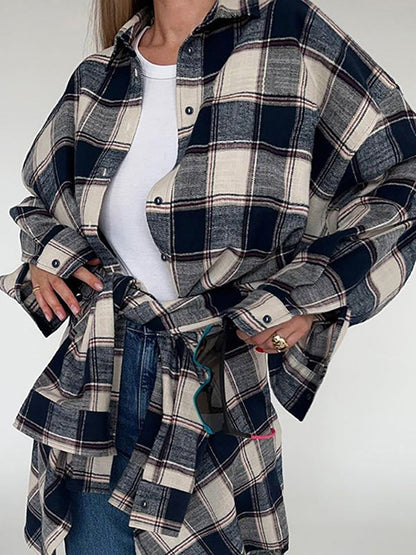 Long Sleeves Loose Plaid Split-Joint Lapel Blouses&Shirts Tops