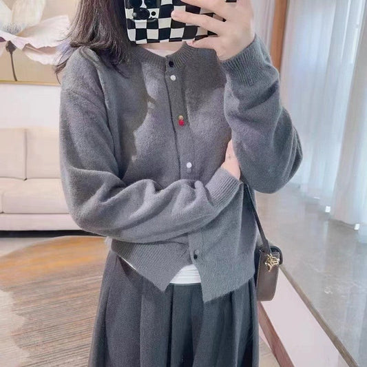 Solid Color Long Sleeve Crewneck Buttoned Short Cardigan Sweater