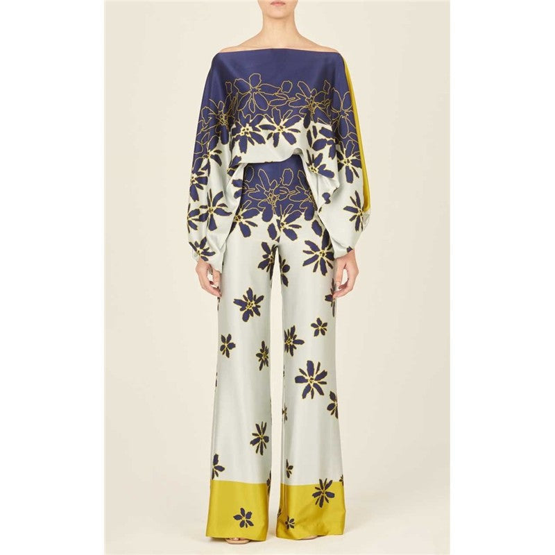 Printing Boat Neck Balloon Sleeve Top And Wide Leg Pants Two Pieces Suits