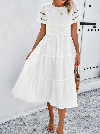 A-Line Loose Elasticity Hollow Solid Color Split-Joint Round-Neck Midi Dresses