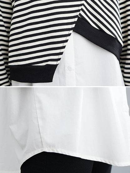 Original Long Sleeves False Two Striped Round-Neck Hoodies&Sweatshirt Tops