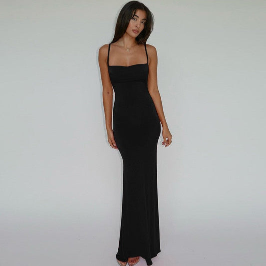 Solid Color Backless Spaghetti Strap Dress