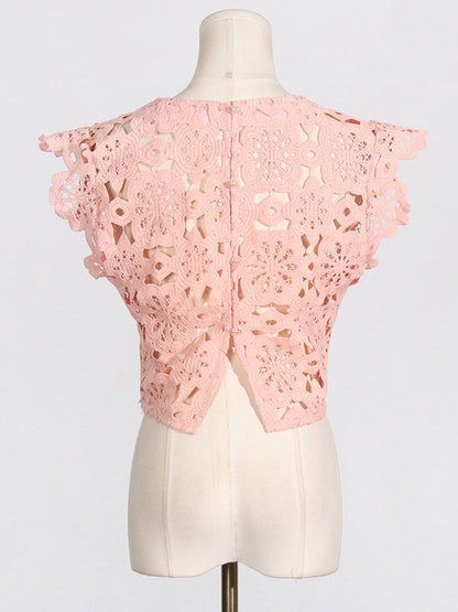 Flower Print Hollow Jacquard Solid Color Round-Neck Vest Top + Ruffle Trim Bodycon High-Low Skirts Bottom Two Pieces Set
