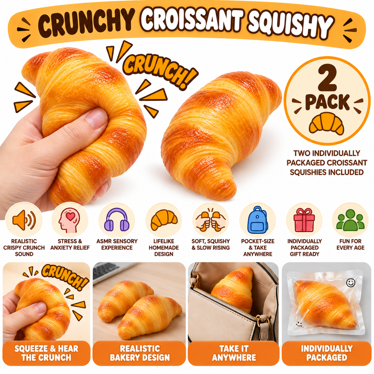 Crunchy Squishies Croissant Squeeze Toy 2-Pack – Crispy Crunch Sound Stress Balls | ASMR Sensory Fidget Toys for Adults & Kids | Realistic Homemade Bakery Squishies