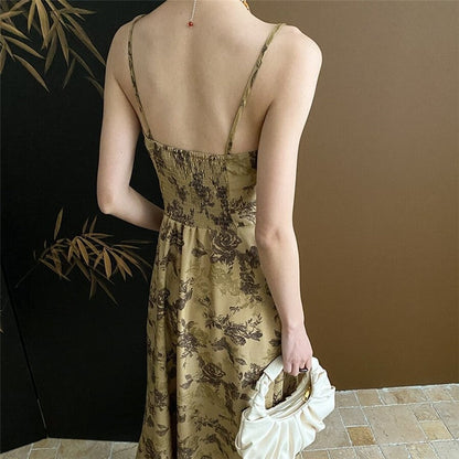 Floral Ink Print Strappy Waist-Tie Cami Dress