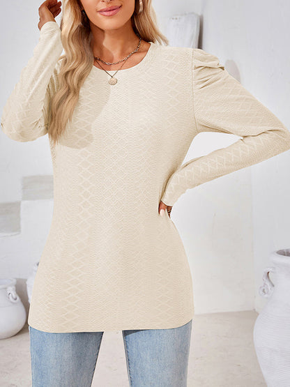 Long Sleeves Loose Pleated Solid Color Round-Neck T-Shirts Tops