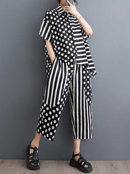 Half Sleeves High-Low Asymmetric Contrast Color Polka-Dot Split-Side Striped Lapel Blouses Top + Pants Bottom Two Pieces Set