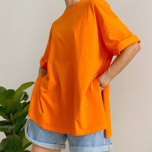 Casual Loose Crewneck T-Shirt with Side Slit - Solid Color