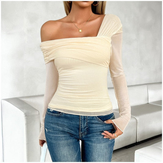 Chic Off-Shoulder Mesh Long Sleeve Top