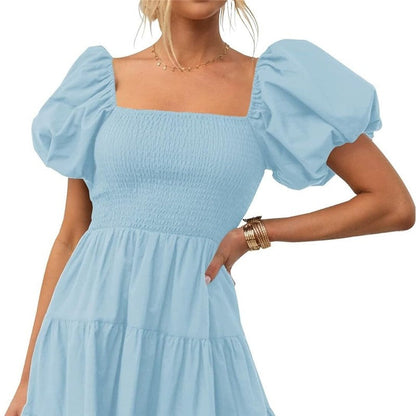 Square Neck Off-Shoulder Bubble Sleeve Dress