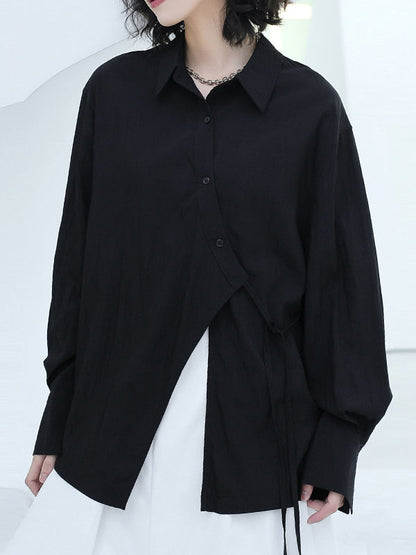 Loose Puff Sleeves Asymmetric Lace-Up See-Through Solid Color Split-Joint Lapel Blouses