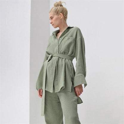 Solid Color Loose Long Sleeve Lapel Buttoned Waist Tied Blouse and Pants Two-Piece Loungewear Set