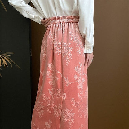 Velvet Half Skirt with Floral and Bird Embroidery