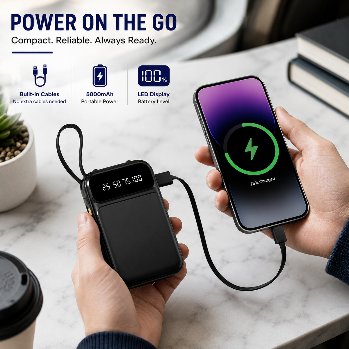 2 Pack 5000mAh Portable Power Bank Built-in Cables LED Display Flashlight Black