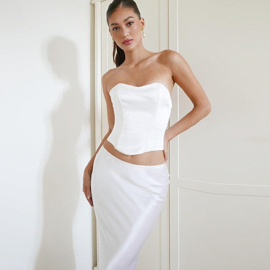 Solid Color Bandeau Maxi Dress Set with Matching Belt - Stylish and Versatile Summer Outfit