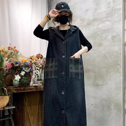 Vintage Hooded Patchwork Plaid Long Denim Vest