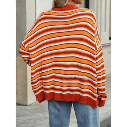Long Sleeve Crewneck Contrast Color Striped Casual Loose Knitted Sweater